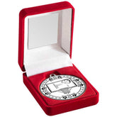 RED VELVET BOX AND 50mm MEDAL BASKETBALL TROPHY SILVER - 3.5in